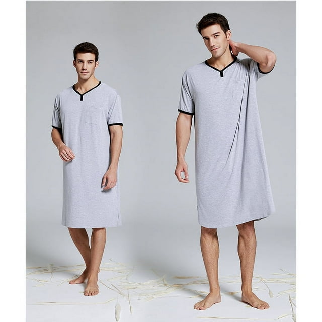 Men Sleep Robes Short Sleeve Solid Pajamas Pockets Cozy Cotton Vintage