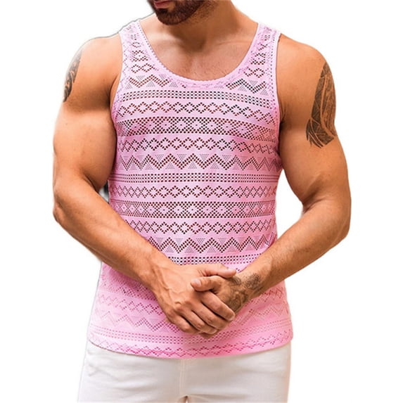 Men Sleeveless See Through Hollow-Out Mesh Tank Tops