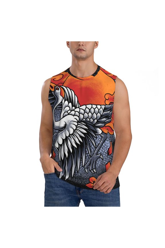 Men Sleeveless T-Shirt Workout Tank Tops Gym Casual Muscle Tee, Japanese Cranes Art