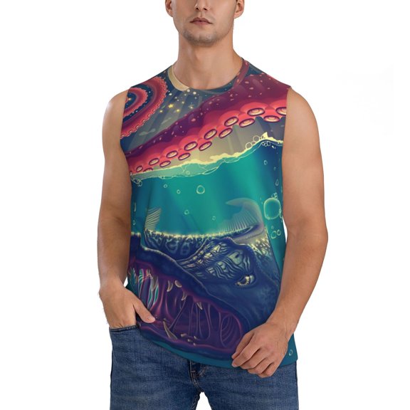 Men Sleeveless T-Shirt Workout Tank Tops Gym Casual Muscle Tee, Red Octopus Tentacles Predator Fish