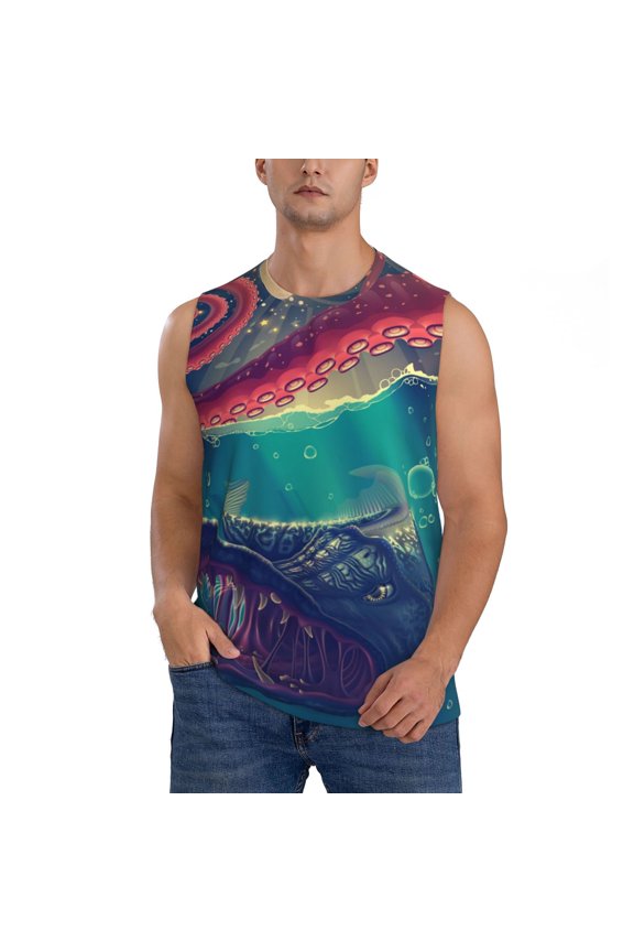Men Sleeveless T-Shirt Workout Tank Tops Gym Casual Muscle Tee, Red Octopus Tentacles Predator Fish