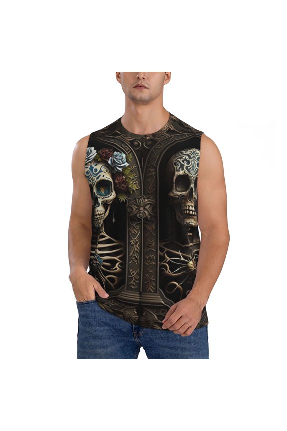 Men Sleeveless T-Shirt Workout Tank Tops Gym Casual Muscle Tee, Skulls Lover Day Of The Dead Gothic