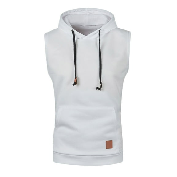 Men Sleeveless Thermal Vest Hoodie Workout Gym Sports Casual Sweater Pullover Hooded Drawstring Sweatshirt Top (X-Large, White)