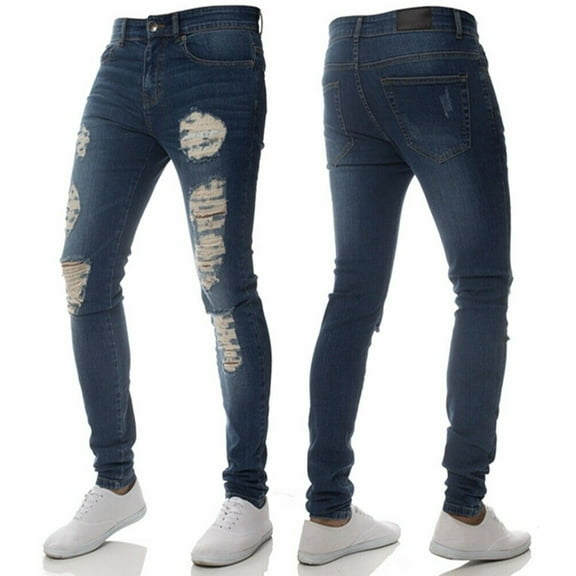 Men Slim Biker Zipper Denim Jeans Skinny Frayed Pants Distressed Rip Troursers