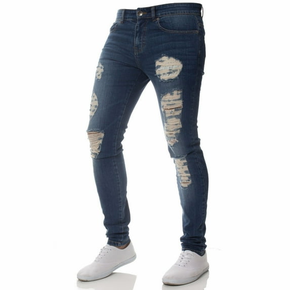 Men Slim Biker Zipper Denim Jeans Skinny Frayed Pants Distressed Rip Troursers