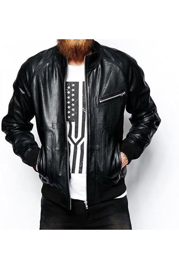 Men Slim Fit Biker Bomber Lambskin Leather Black Jacket Coat Outwear Jackets A326