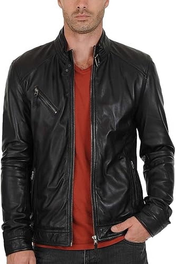 Men Slim Fit Biker Motorcycle Black Lambskin Leather Jacket Coat Outwear Jackets A852