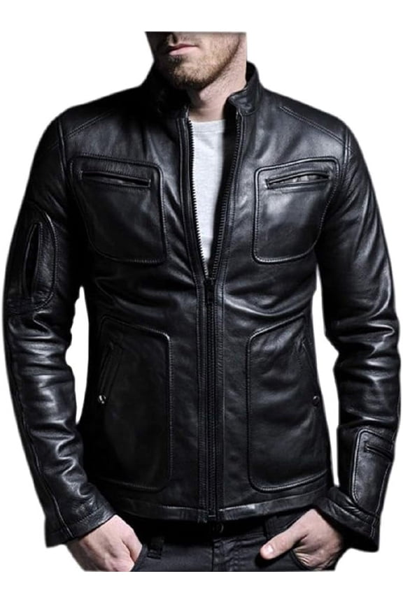 Men Slim Fit Biker Motorcycle Black Lambskin Leather Jacket Coat Outwear Jackets A868