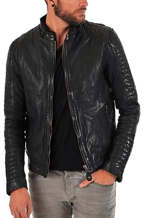 Men Slim Fit Biker Motorcycle Black Lambskin Leather Jacket Coat Outwear Jackets A882