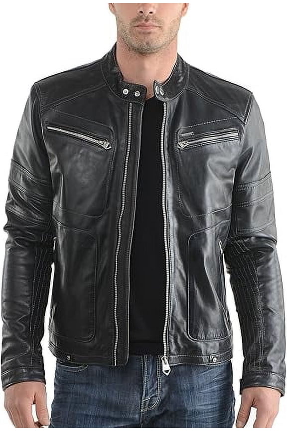 Men Slim Fit Biker Motorcycle Lambskin Leather Black Jacket Coat Outwear Jackets A838