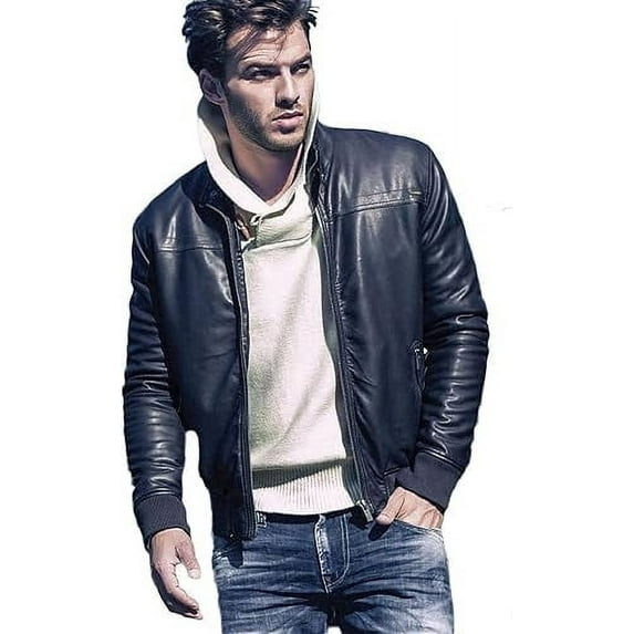 Men Slim Fit Biker Motorcycle Lambskin Leather Blue Jacket Coat Outwear Jackets A477
