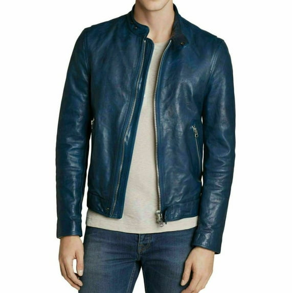 Men Slim Fit Biker Motorcycle Lambskin Leather Blue Jacket Coat Outwear Jackets