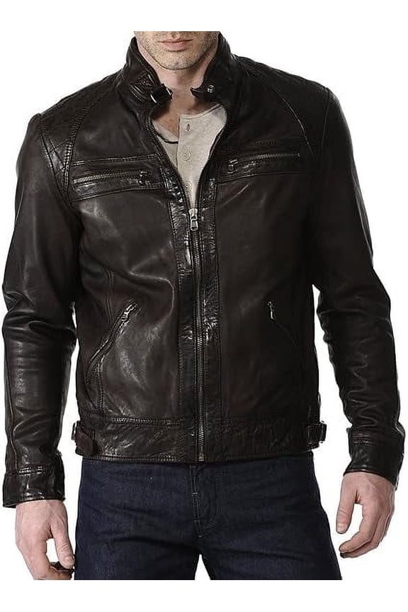 Men Slim Fit Biker Motorcycle Lambskin Leather Brown Jacket Coat Outwear Jackets A558