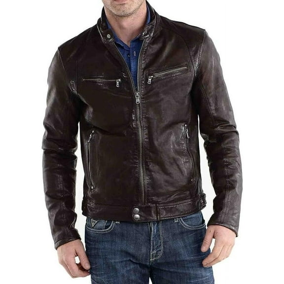 Men Slim Fit Biker Motorcycle Lambskin Leather Jacket Coat Outwear Jackets A175