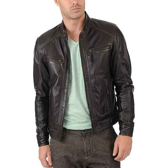 Men Slim Fit Biker Motorcycle Lambskin Leather Jacket Coat Outwear Jackets A328