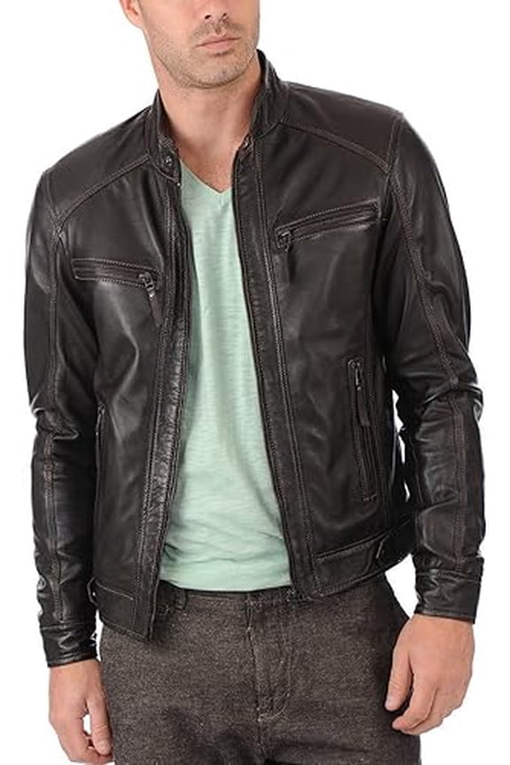 Men Slim Fit Biker Motorcycle Lambskin Leather Jacket Coat Outwear Jackets A328