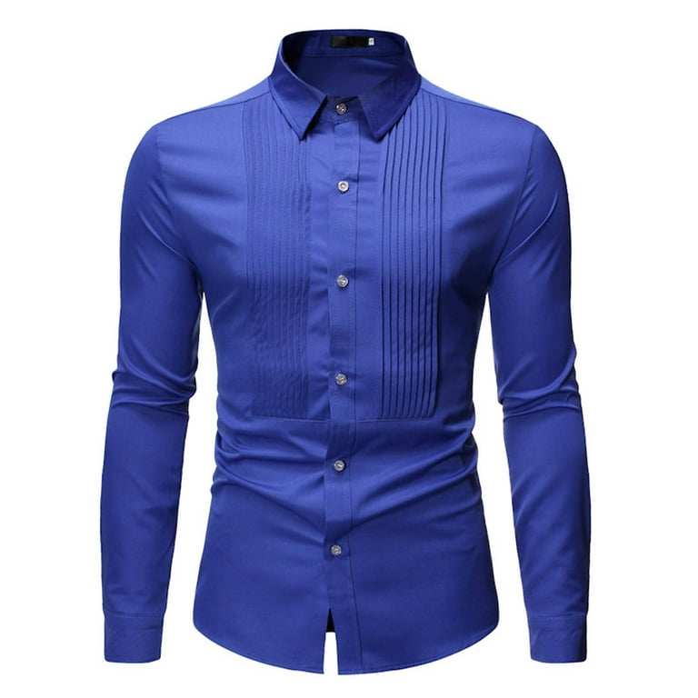 Men Slim Fit Dress Shirts Button Up Front Pleated Details Dinner