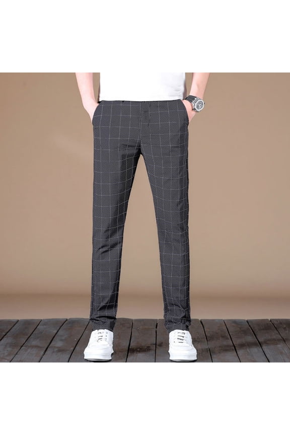 Men Slim Fit Pencil Plaid Skinny Dress Pants Work Business Formal Long Trousers