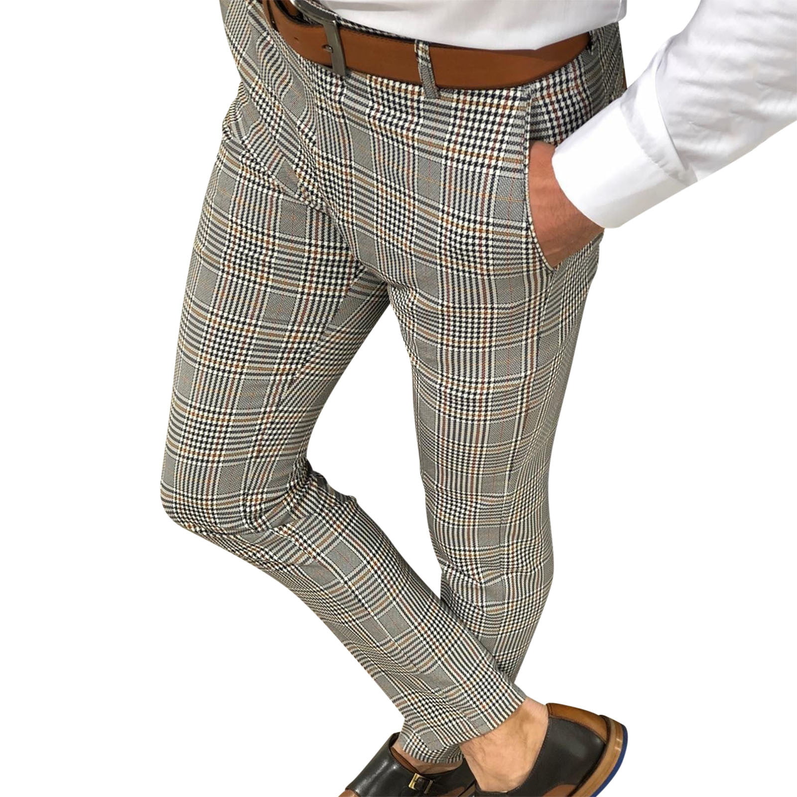 tklpehg Mens Pants Long Pants Fashion Comfy Plaid Print Casual Button  Zipper Closure Pencil Pants Trousers 