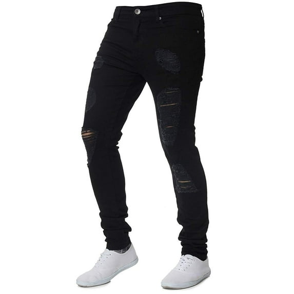Men Slim Ripped Denim Jeans Skinny Frayed Distressed Broken Holes Trousers