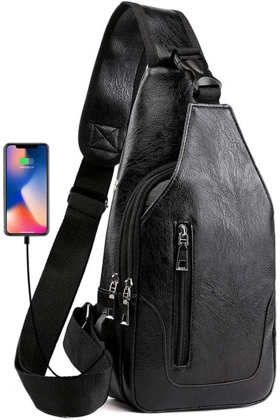 Men Sling Bag Anti Bag Small Leather Crossbody Sling Backpack with USB Charge Port Black