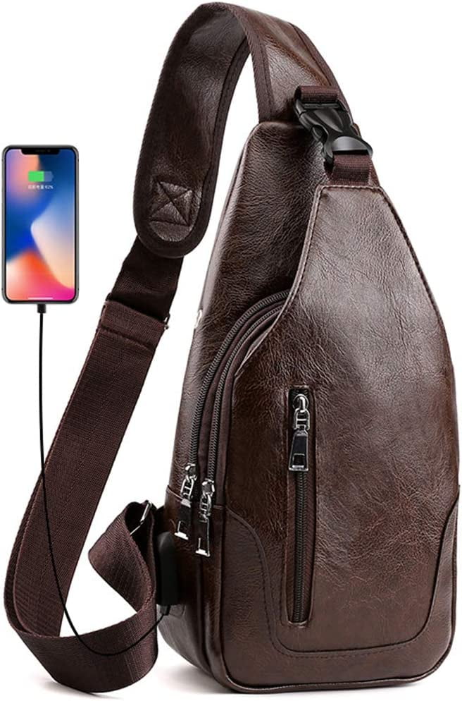 Men Sling Bag Anti Theft Shoulder Bag Small Leather Crossbody Sling Backpack with USB Charge Port
