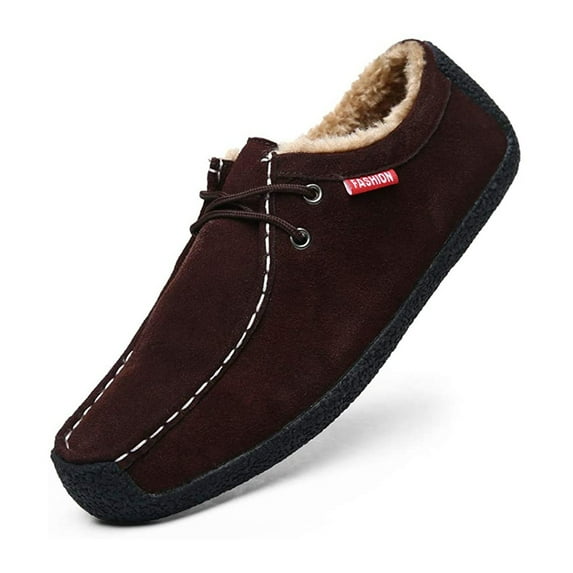Men Slip On Moccasin Slippers Loafers Suede Indoor Outdoor Boat Shoes Casual Fuzzy Comfy Wool-blend Memory Foam 9.5 Brown