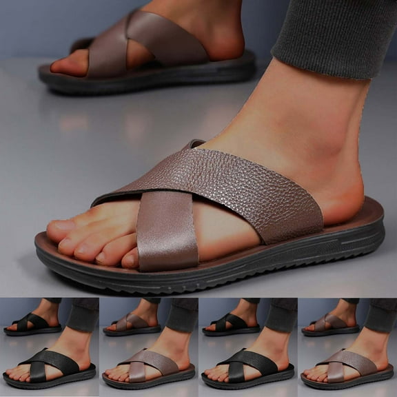 Men Slippers Summer Breathable Open Toe Slip-on Slides Men Footwear Beach Sandal Casual Wear Vacation Daily Shoes Black 9