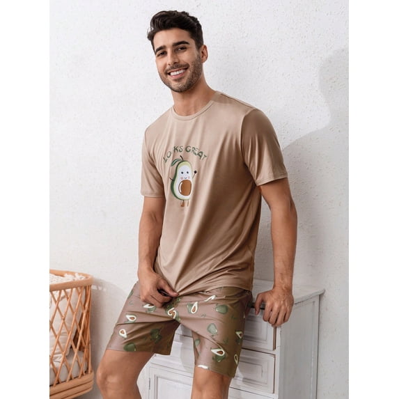 Men Slogan & Cartoon Graphic PJ Set