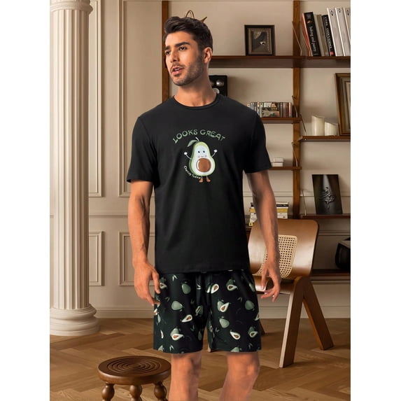 Men Slogan & Cartoon Graphic PJ Set