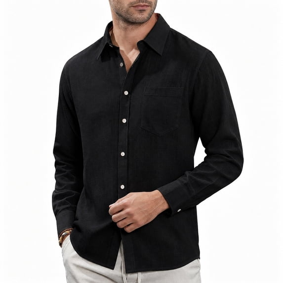 Men Slub Linen Long Sleeve Shirt, Solid Color Lapel Chest Pocket Breathable Casual Button Down Top for Daily Hawaiian Vacation Wear(Black,XXXL)