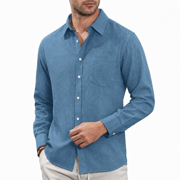 Men Slub Linen Long Sleeve Shirt, Solid Color Lapel Chest Pocket Breathable Casual Button Down Top for Daily Hawaiian Vacation Wear(Blue,XXXL)