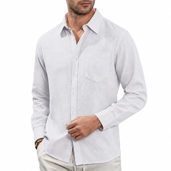 Men Slub Linen Long Sleeve Shirt, Solid Color Lapel Chest Pocket Breathable Casual Button Down Top for Daily Hawaiian Vacation Wear(Grey,L)