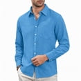 thumbnail image 1 of Men Slub Linen Long Sleeve Shirt, Solid Color Lapel Chest Pocket Breathable Casual Button Down Top for Daily Hawaiian Vacation Wear(Sky Blue,S), 1 of 4
