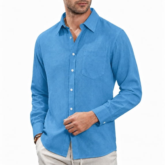 Men Slub Linen Long Sleeve Shirt, Solid Color Lapel Chest Pocket Breathable Casual Button Down Top for Daily Hawaiian Vacation Wear(Sky Blue,S)