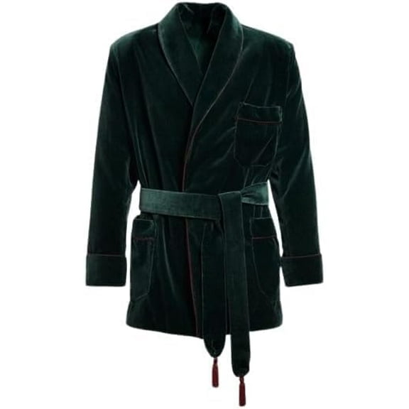 Men Smoking Green Velvet Double Breasted Dinner Party Wear Shawl Collar Belted Jacket 