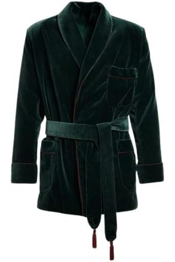 Men Smoking Green Velvet Double Breasted Dinner Party Wear Shawl Collar Belted Jacket 