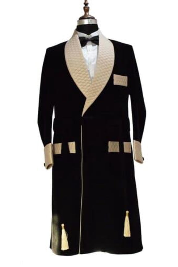 Men Smoking Jacket Quilted Long Black Velvet Jacket Hosting Dinner Party Wear Robe Jacket