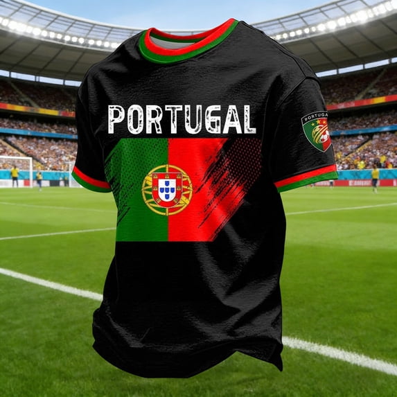 Men Soccer T-Shirt Raglan Top Football Portugal Fan Tee Shirt Portugal Graphic Crew Neck Short Sleeve Casual Shirt Tops 4XL