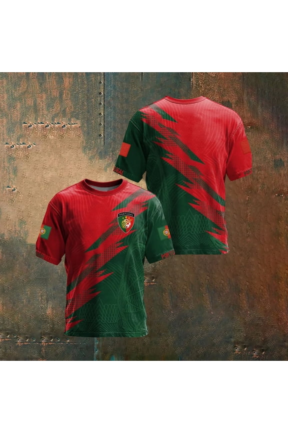 Men Soccer T-Shirt Raglan Top Football Portugal Short Sleeve Crewneck T Shirt Team Print Casual Tee Summer Graphic Tee Tops M