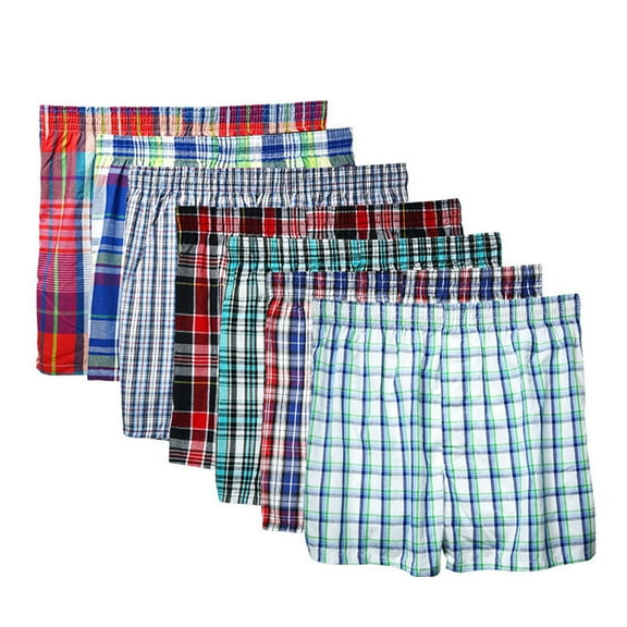 Men Soft Breathable Cotton Underwear Boxers Shorts with Button Fly Vintage Plaid Print Underpants Loose Homewear Panties