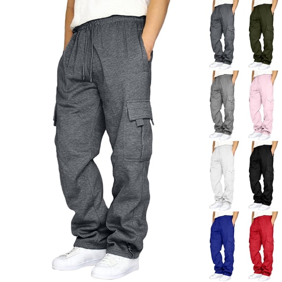 Men Soft Cargo Jogger Sweatpants Elastic Drawstring Waist Loose Fit Casual Athletic Outdoor Travel Pants Multi Functional Cargo Pockets 5XL