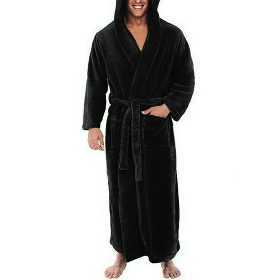 Men Soft Coral Fleece Solid Color Pockets Long Bath Robe Home Gown Sleepwear