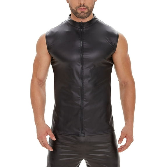 Men Soft Leather Tank Top, Shiny Matte Leather, Elastic, Full Zipper Leather Vest