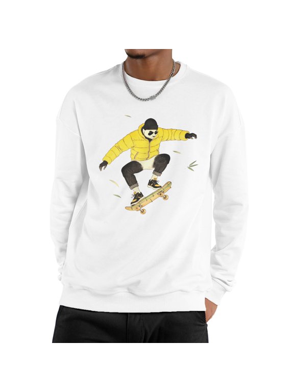 Men Soft Watercolor Panda Skater Yellow Puffer Jacket Bamboo Skateboard Crew Neck Sweatshirt, Cute Wildlife Skate Lover Fleece Pullover