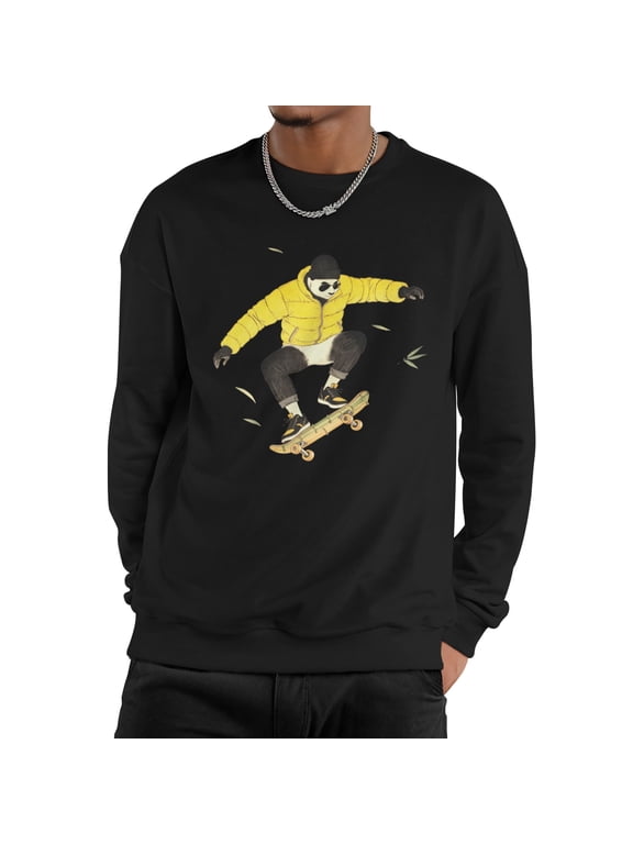 Men Soft Watercolor Panda Skater Yellow Puffer Jacket Bamboo Skateboard Crew Neck Sweatshirt, Cute Wildlife Skate Lover Fleece Pullover