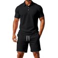 thumbnail image 1 of Men Solid 2 Piece Polo Short Set, Breathable Knit Short Sleeve Polo Shirt & Drawstring Shorts Summer Casual Outfit Black XL, 1 of 6