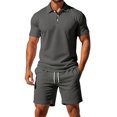 thumbnail image 1 of Men Solid 2 Piece Polo Short Set, Breathable Knit Short Sleeve Polo Shirt & Drawstring Shorts Summer Casual Outfit Grey XXL, 1 of 6