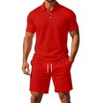 thumbnail image 1 of Men Solid 2 Piece Polo Short Set, Breathable Knit Short Sleeve Polo Shirt & Drawstring Shorts Summer Casual Outfit Red M, 1 of 6