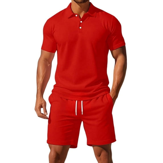 Men Solid 2 Piece Polo Short Set, Breathable Knit Short Sleeve Polo Shirt & Drawstring Shorts Summer Casual Outfit Red M